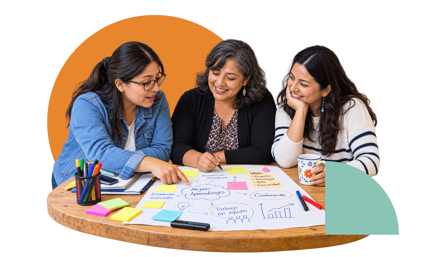 Tres docentes conversan alrededor de una mesa cubierta de notas y papelógrafos