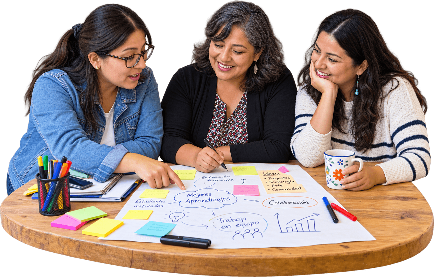 Tres docentes conversan alrededor de una mesa cubierta de notas y papelógrafos