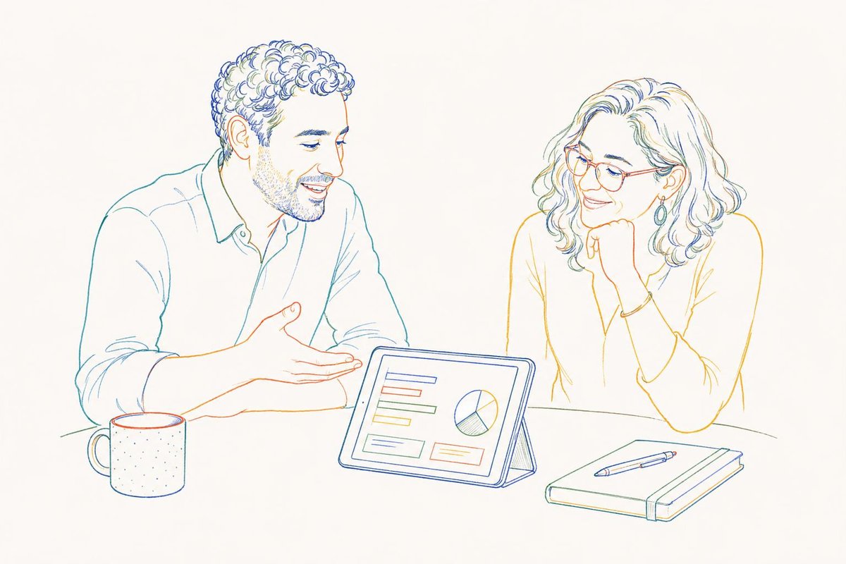 Ilustración a lápiz de color: un mentor y una docente revisan juntos un reporte de clase en un tablet